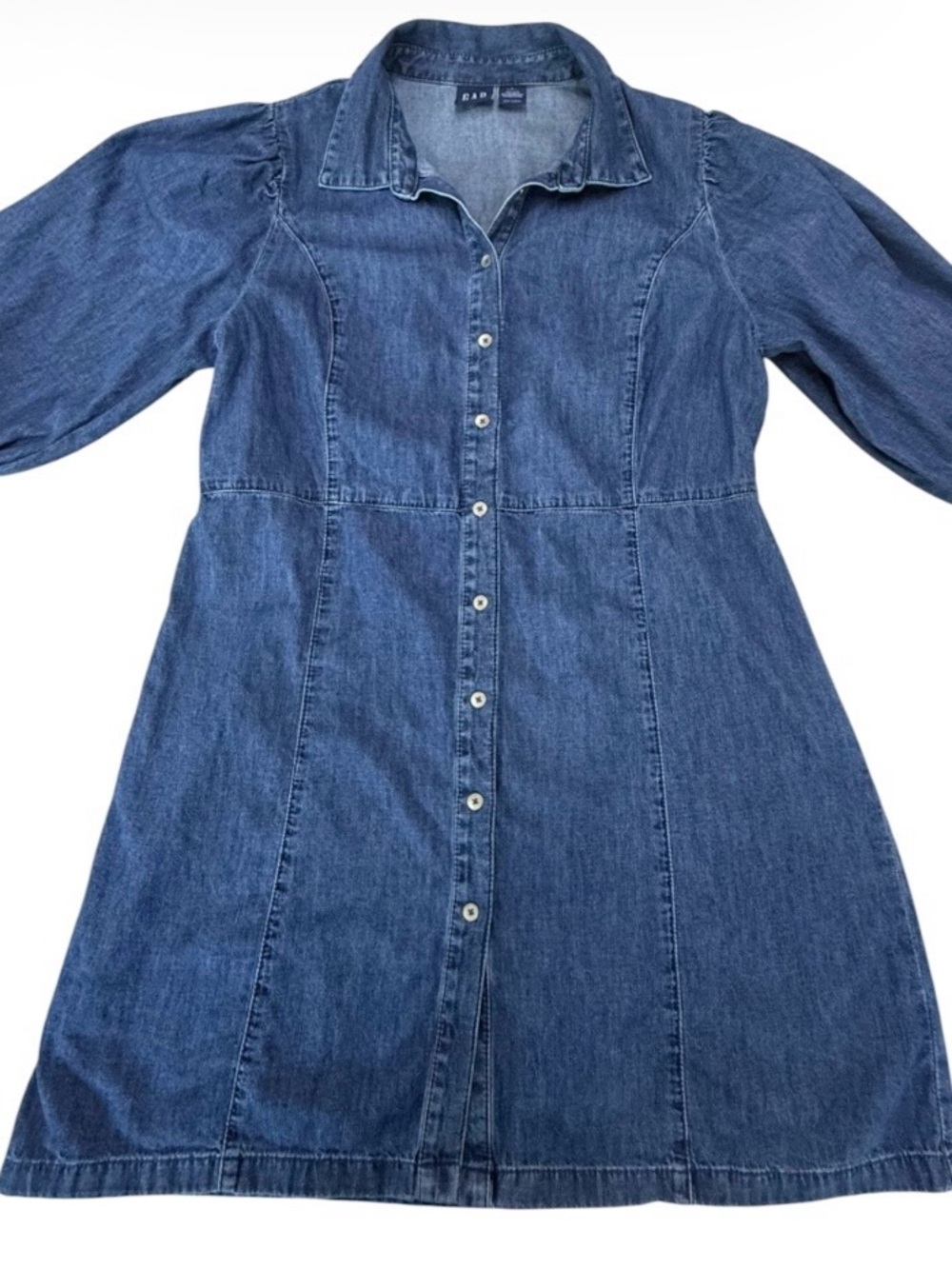 Gap Women’s Denim Mini Dress Blue Puff Sleeve Button Front Petite L